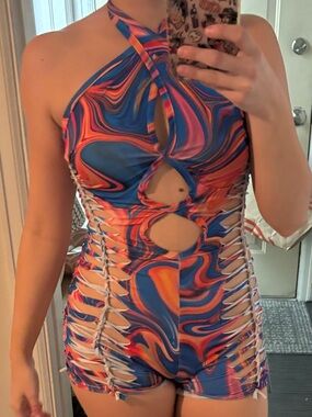 Swirl Print Halter Cutout One-Piece - Multi-Color